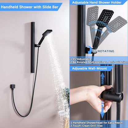 Matte Black Hand Shower with Slide Bar, 3-Function High Pressure Handheld Shower Head with Slide Bar, Stainless Steel Adjustable Height 25" Long Slide Bar Combo Shower Faucet, Wall Mount