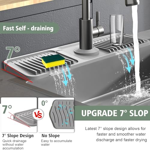 17.7-Inch Kitchen Sink Splash Guard Mat | 7° Slope for Fast Self-Draining | Snap-Lock Design | Universal & Cuttable Silicone Faucet Mat Gray - color: Gray, size: 17.7" x 5.5"