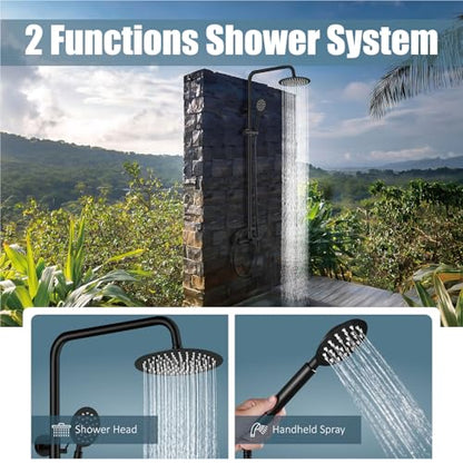 Aolemi Outdoor Shower Kit SUS304 with Round Handheld Matte Black | 2 Function,8 Inch Head,Round Handheld Spray,Adjustable Height,Outside Exposed Shower Fixture,Single Handle,Wall Mount - color: Black