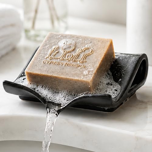 Zoeeker Soap Dish with Drainage, Ceramic Self-Draining Bar Soap Holder | Waterfall Design Soap Drying Tray for Bathroom, Kitchen, Sink, Soap Saver Keep Dry, Extends Soap Life, Black-Brown Glaze - color: Dark Brown