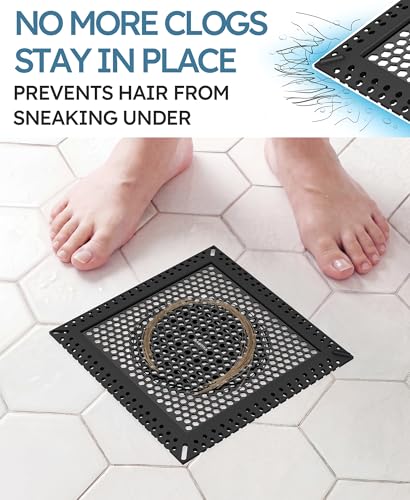 Square Shower Drain Hair Catcher, Anti-Clogging, Black, 6 inch | 304 Stainless Steel and TPE Material/ Not Moving / Easy Clean / Fast Drainage / Fits Bathroom Hair Catcher for Shower - color: Matte Black, size: 6 inch