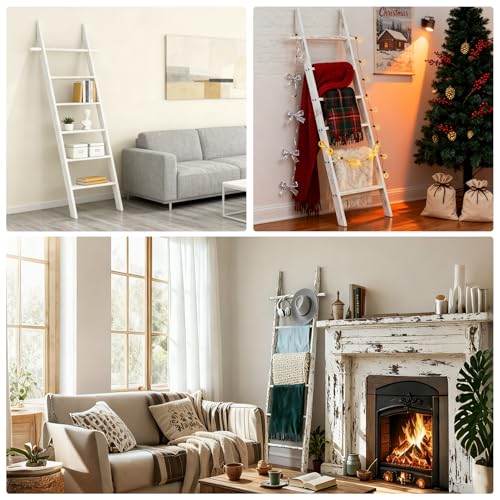 Farmhouse Wooden Blanket Ladder Living Room White 6-Tier | Blanket Rack Decorative Stand with Removable Hooks, Leaning Towel Quilt Rack Holder - color: White