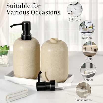 Luxspire Soap Dispenser Cylinder-Shaped Resin Soap Dispenser, Beige, 2pack | 450ml Premium sandstone resin, modern cylindrical design easy clean pump, 2 bottles, multi-purpose liquid storage - color: Beige+beige