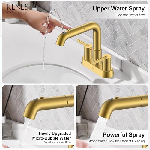 Pull Down Centerset Bathroom Faucet Brushed Gold 2 Handle 3 Hole | Pull Out Bathroom Faucet with Pop Up Drain & Supply Lines, Lead-Free cUPC & NSF Certified, 4 Inch Faucet for Vanity RV Sink - color: Brushed Gold