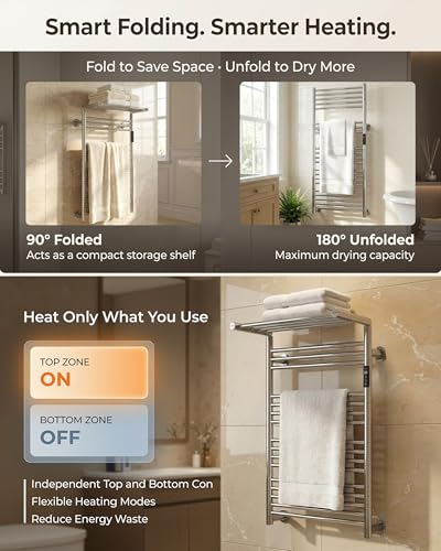 Heated Towel Rack Foldable Smart Dual-Zone APP No-Drill Chrome CA3 - color: Chrome, size: Ultra-21Bar H43.31 x W21.65