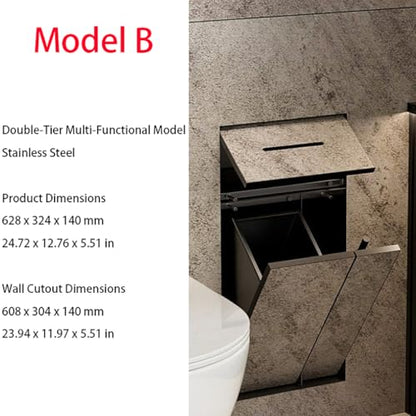Toilet Paper Holder with Storage, in Wall Toilet Paper Holder, Stainless Cabinet Storage with Removable Trash Can and Toilet Brush Wall Bathroom Niche Black,Black/b - color: Black/B