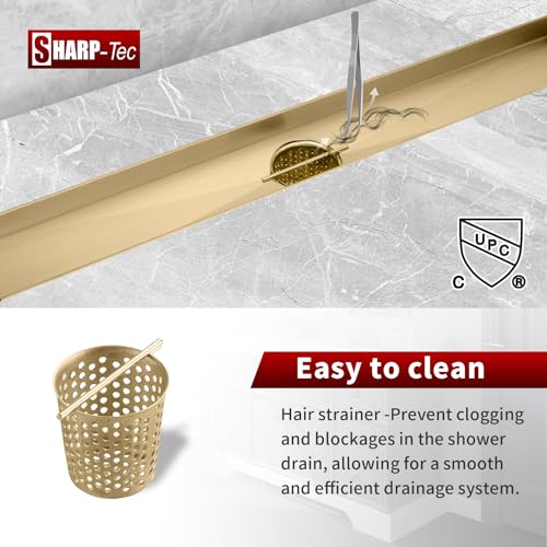 Sharp-tec Shower Drain, 28 inch Linear Shower Drain, Gold 304 Stainless Steel Rectangular Shower Floor Drain with Adjustable Leveling Feet, Hair Strainer, cUPC Certified, ST-096-28G - color: Gold, size: 28 inch