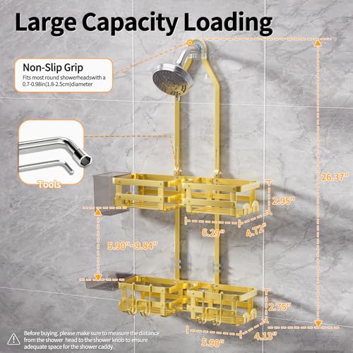 Aluminum Shower Caddy Hanging, Never Rust Shower Organizer | 4 Levels with adjustable Height 10 Hooks for Razor/Sponge - Rack with Soap Basket (Gold) - color: Gold