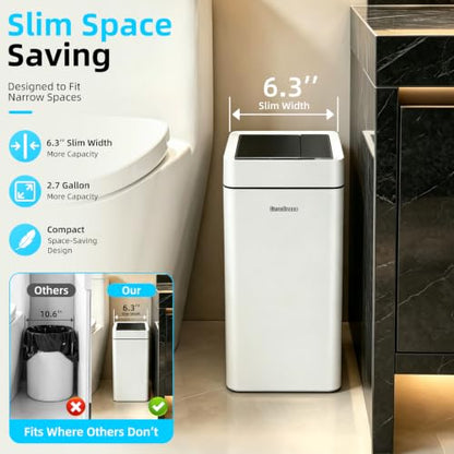 2.7 Gallon Slim Bathroom Touchless Trash Can, Automatic Smart Trash Can with Air-Press Bag Expander, Sensor Lid Waste Bin for Bedroom, Office & RV, White - size: 2.7 Gallon-Standard