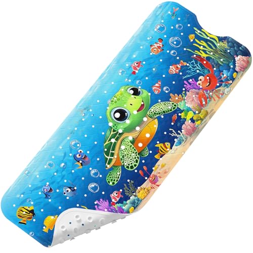Baby Bath Mat for Tub Non Slip Kids, BPA Free Extra Long Bathtub Mat 40x16 with Drain Holes and 200 Suction Cups, Non Toxic Machine Washable Toddler Bath Mat, No Fading, Baby Turtle - color: V-turtle 3