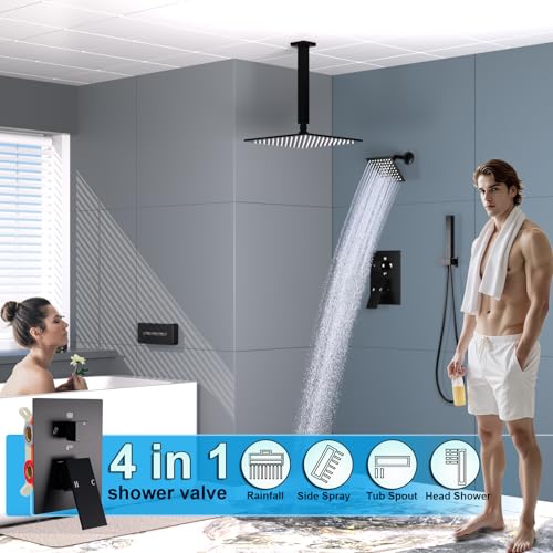 Enga Dual Shower Head System with Tub Spout, Ceiling Mount 10 Inch Shower Head with 6 Inch Wall Mount Shower Head, 4 Way Diverter Shower Faucet with 2 in 1 Handheld, Matte Black - color: Matte Black, style: Tub+10"+6" Head