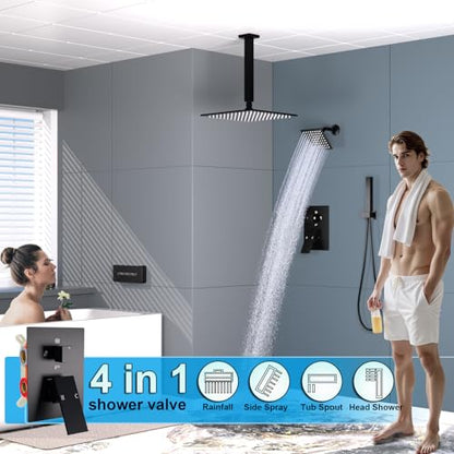 Enga Dual Shower Head System with Tub Spout, Ceiling Mount 10 Inch Shower Head with 6 Inch Wall Mount Shower Head, 4 Way Diverter Shower Faucet with 2 in 1 Handheld, Matte Black - color: Matte Black, style: Tub+10"+6" Head