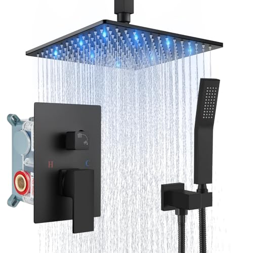 Aolemi Ceiling Shower Faucet Set with Handheld 10" LED Head Matte Black | Handheld Spray,10 Inch Rain LED Head,Shower Valve and Trim Kit,All Metal,Ceiling System,Bathroom Mixer - color: Black, size: 10 Inch LED Shower Head
