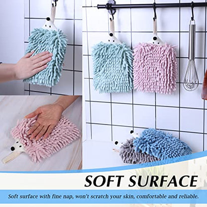 Kinlop Set of 4 Chenille Hand Towels, Fuzzy Ball Towel, Soft Hanging Absorbent Quick Dry, Hedgehog Hand Towel for Drying Bath Kitchen Washstand(Pink, Green, Blue, Gray)