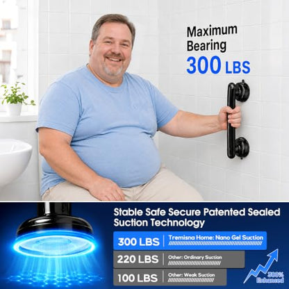 1x Grab Bars for Bathtubs and Showers for Seniors Elderly, Waterproof,2nd Generation Upgraded Rubber Suction Cup with Maximum 350 lbs Suction Power, No Drilling (Black)
