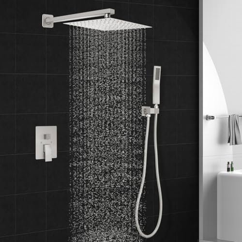 Brushed Nickel Square Rainfall Shower Head Set with Handheld, 10" | 10 Inch Square Head, With Shower Valve, Rustproof Brushed Nickel, High Pressure Raindrop - color: Brushed Nickel, style: 2 Setting-10in