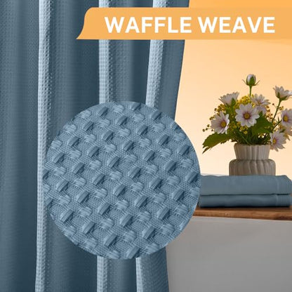 River Dream No Hooks Shower Curtain with 2 Snap in Liner, 71Wx74H | Waffle Weave, 1 Attached Snap in Liner and 1 Extra Replacement Liner, Bathroom Curtains Shower Set, Hotel Grade, Spa Like - color: Moonlight Blue
