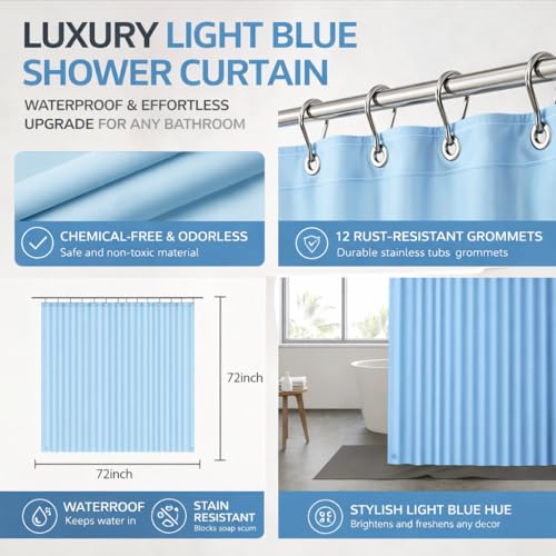 EHZNZIE Light Blue Shower Curtain Liner 72x72, PEVA Waterproof Bath Curtain, No Chemical Smell, 3 Weighted Magnets, Durable with Rustproof Metal Grommets - color: Light Blue, size: 72"W x 72"L (Pack of 1)