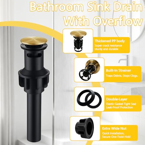 Universal Bathroom Sink Stopper,Brushed Gold Bathroom Sink Drain | for Bathroom Vanity Vessel Sink,with Silicone Hair Catcher Rapid Draining Plastic Pop-up Sink Drain Anti-Clog - color: Bathroom Sink Drain-brushed Gold