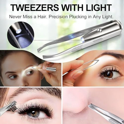 LED Lighted Tweezers & 40X Magnifying Mirror with Suction Cup Set | Portable 2 in 1 Hands-Free Makeup Mirror with Light and Precision Light Up Tweezers, Premium Quality & Ideal Gift Choice