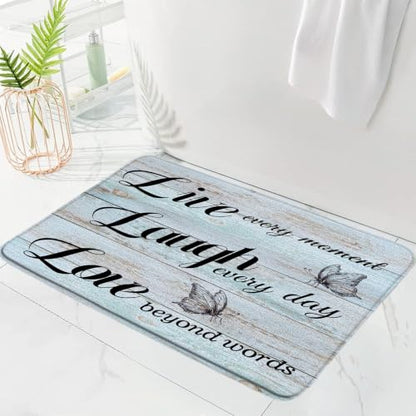 Live Laugh Love Bath Mat Rustic Teal Wooden Board Butterflies Inspirational Quotes Positive Motto Phrase Lettering Microfiber Memory Foam Bathroom Decor Home Entry Kitchen Bedroom Floor Rug - size: 1'6" x 2'6" (Rectangular)