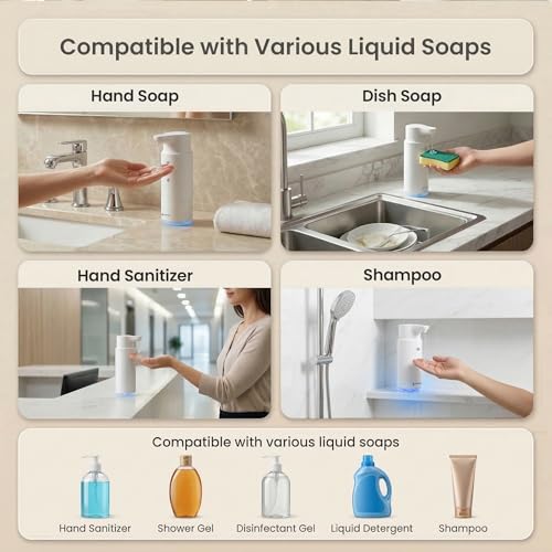 GentleJet CrystalJet Automatic Liquid Soap Dispenser Touchless Sensor, Stainless Steel, USB-C Rechargeable, Waterproof Kitchen & Bathroom Countertop Soap Dispenser, 300 ml - color: White