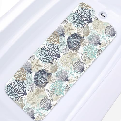 Bath Mat for Tub, Cute Seashells, 40 X 16 Inch, for Bathtub | Ocean Starfish Beach Extra Long Tub with Suction Cups and Drain Holes for Kid Adult Elderly - color: Seashells