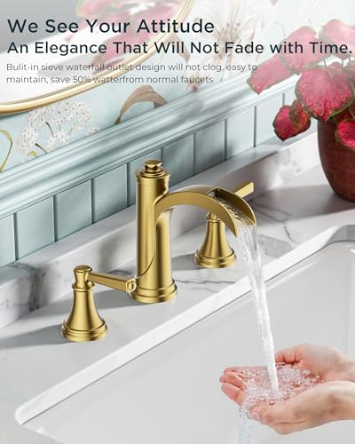 FORIOUS Brushed Gold Bathroom Faucet 3 Hole Widespread, Vanity Faucet Gold | Two Handle Antique Brass Waterfall Bathroom Faucet Gold 3 Hole with Metal Pop Up Drain, Pre-Assembled CUPC Hose and All Tools - color: Brushed Gold