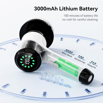 Electric Spin Scrubber, Cordless Power Cleaning Brush with 8 Replaceable Heads, 2 Adjustable Speeds, LED Display & Long Handle, Ideal for Bathroom Tub Tile Floor Car Cleaning