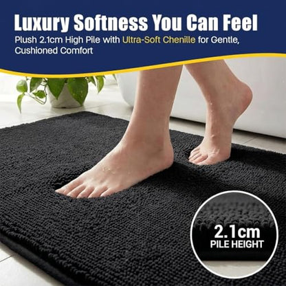 Muddy Mat® CloudStep Bathroom Rugs 2 Piece Set, Non Slip Bath Mats for Bathroom, Absorbent Memory Foam Chenille, Machine Washable Quick Dry Toilet Rug Set, Black 20"x30" + 20"x20" U-Shaped - color: Black