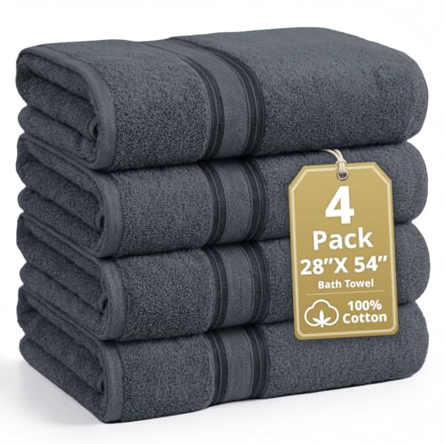 LANE LINEN Bath Towel Set 100% Cotton 4 Piece Soft Absorbent - Cool Grey | Shower Towels - Generously Sized, Oversized & Roomy, Lightweight & Breathable, Fade-Resistant Color, Classic Terry Weave - color: 03: Cool Grey, size: 4 Piece Bath Towel (28" x 54"