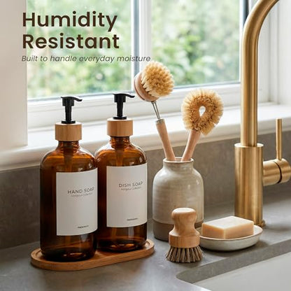 Maisonovo Dish Soap Dispenser Set - Amber Soap Dispenser Black Bamboo Pumps | Glass bottles for body wash, lotion, shampoo or conditioner · Sink, bathroom or countertop · Tray, 16.9 oz each - color: Amber Bottles Black Bamboo Pumps