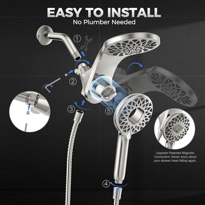 High Pressure Rain Shower Head with Handheld Spray Combo | Detachable Dual Shower Head with 10 Sprays Modes - Upgrade Knob Spray Mode Selector and Magnetic Guidance Docking System - color: Brushed Nickel