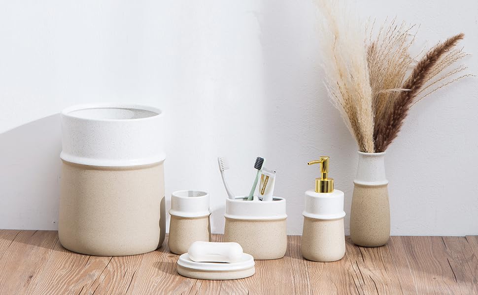 Beige Ceramic Soap Dispenser for Kitchen, Refillable Hand Dispenser Pump, 12Oz Lotion Dispenser Bathroom for Dish Soap, Hand soap. - color: Beige
