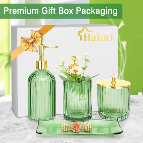 Haturi Glass Bathroom Accessories Set, Green Bathroom Set, 4 Pcs | Kit w/ Bathroom Soap Dispenser Set, Toothbrush Holder, Qtip Holder, Soap Dish, Green Bathroom Decor, Gift for Home Apartment - style: Light Green