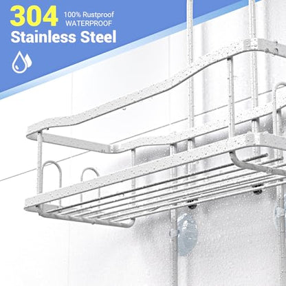 Hanging Shower Caddy Over Shower Head - No Drill Rustproof Shower Rack | Includes Soap Holder and Hooks for Shampoo, Conditioner, and Bathroom Essentials with Stable Storage in Any Shower Space - color: White