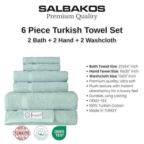 SALBAKOS 100% Turkish Cotton Bathroom Towel Set of 6-Piece, Seafoam Green | 630 Gsm Thick Super Soft Highly Absorbent 2 Bath + 2 Hand + 2 Washcloth Towels Sets, Giftable, Hotel Quality, Made in Turkey - color: Seafoam Green, size: 6 Piece Towel Set