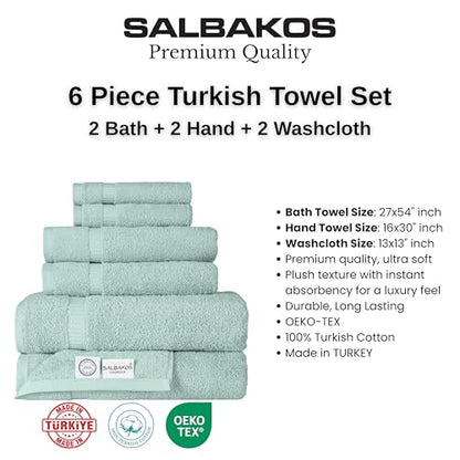SALBAKOS 100% Turkish Cotton Bathroom Towel Set of 6-Piece, Seafoam Green | 630 Gsm Thick Super Soft Highly Absorbent 2 Bath + 2 Hand + 2 Washcloth Towels Sets, Giftable, Hotel Quality, Made in Turkey - color: Seafoam Green, size: 6 Piece Towel Set