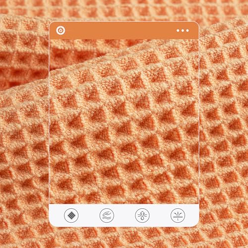 POLYTE 430 GSM Poly Blend Microfiber Quick Dry Waffle Bath Towel Set of 6 | 2-Body Towels, 2-Hand Towels, 2-Wash cloths, Oversize, Lint Free - color: Blue,orange