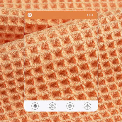 POLYTE 430 GSM Poly Blend Microfiber Quick Dry Waffle Bath Towel Set of 6 | 2-Body Towels, 2-Hand Towels, 2-Wash cloths, Oversize, Lint Free - color: Blue,orange