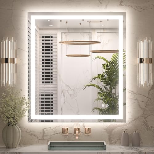 Keonjinn 32x36 Inch LED Bathroom Mirror with Lights, Frontlit & Backlit | HD Tempered Grass, 3-Color Temperature & Stepless Dimmable Lighting, Fast & Safe Defogging, Effortless Installation - size: 36"L x 32"W