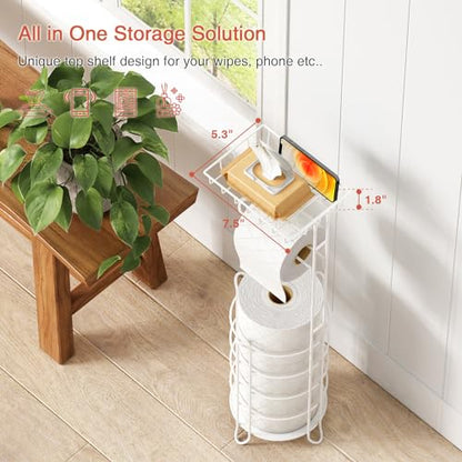 Goozii White Toilet Paper Holder Stand with Shelf, Free Standing Bathroom Tissue Holder for Large Mega Rolls, Metal Floor Toilet Paper Roll Holder with Wipes Storage and Phone Tray (White) - color: White