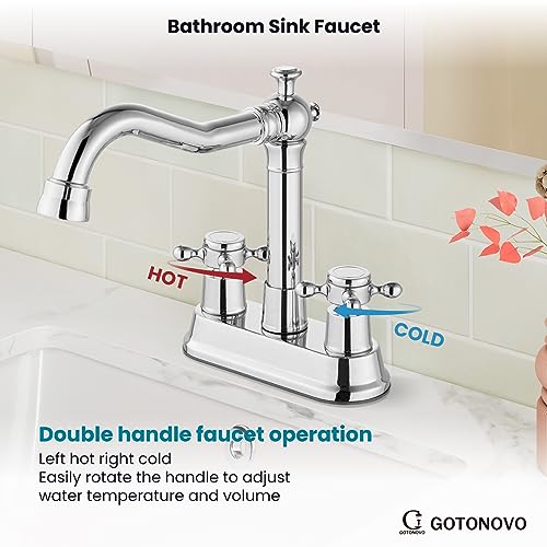 gotonovo 4 Inch Centerset Bathroom Faucet 2 Cross Handles Deck Mount 2 Hole Lavatory Vanity Utility Mixer Tap with Water Supply Hoses and Pop Up Drain RV Farmhouse, Polish Chrome - color: Polish Chrome