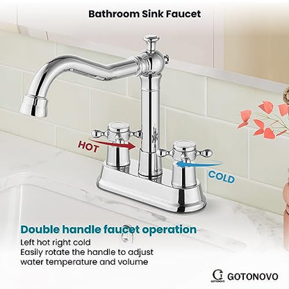 gotonovo 4 Inch Centerset Bathroom Faucet 2 Cross Handles Deck Mount 2 Hole Lavatory Vanity Utility Mixer Tap with Water Supply Hoses and Pop Up Drain RV Farmhouse, Polish Chrome - color: Polish Chrome