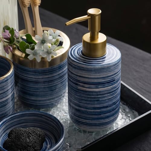 Ceramic Soap Dispenser Set - Compact Refillable Hand & Dish Soap Dispenser for Bathroom & Kitchen, Non-Slip Absorbent Mat & Silicone Funnel, Space-Saving Countertop Design, 11.8 oz