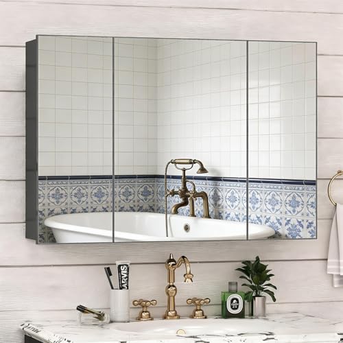24x40 Inch Bathroom Medicine Cabinet with Mirror, Pre-Assembled Bathroom Medicine Cabinets, Surface/Recessed Wall Mounted Farmhouse Large Medicine Cabinet, Black - color: Black, size: 40 x 24