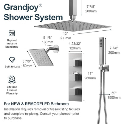 3-Function Thermostatic Shower System with Dual Rainfall Heads, Handheld Sprayer Brushed Nickel - color: Brushed Nickel