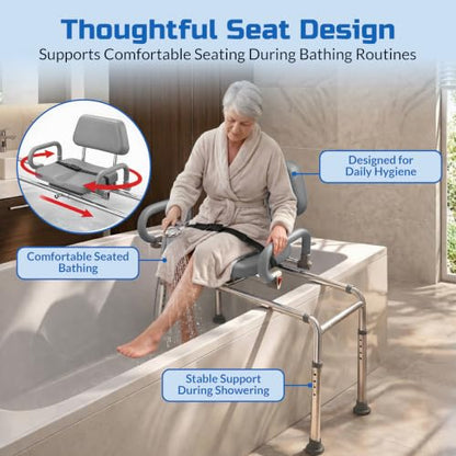 Carousel Sliding Shower Chair Tub Transfer Bench with Swivel Seat Elderly | Slide Safely In & Out of the Tub - Gray, padded seat, padded armrests, swivel seat, backrest, portable, tool-free assembly - color: Gray