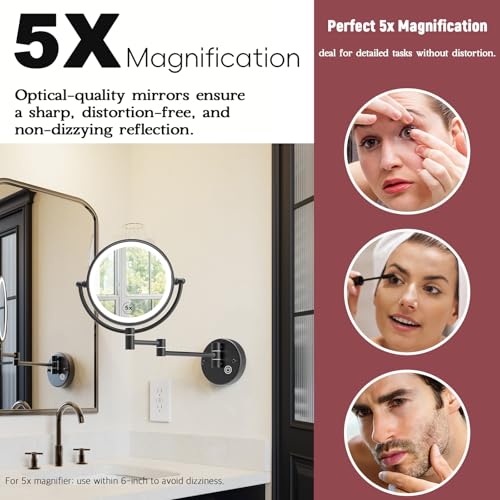 1X/5X Magnifying Make up Mirror Wall Mounted, Lighted, Brass Arm, Hardwired | 8-Inch, Bathroom Double-Sided Vanity, 360 Swivel Extendable, 3 Color Lighting, Memory Function, Touch Dimmable, Matt Black