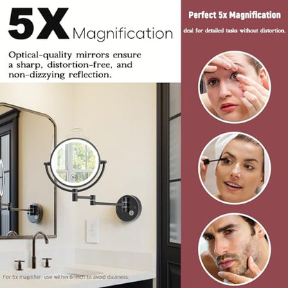 1X/5X Magnifying Make up Mirror Wall Mounted, Lighted, Brass Arm, Hardwired | 8-Inch, Bathroom Double-Sided Vanity, 360 Swivel Extendable, 3 Color Lighting, Memory Function, Touch Dimmable, Matt Black